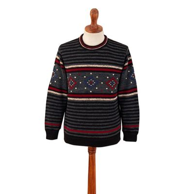 Alternate image for 100 Alpaca Mens Pullover with Hand-Embroidered Motifs Lines Stitches