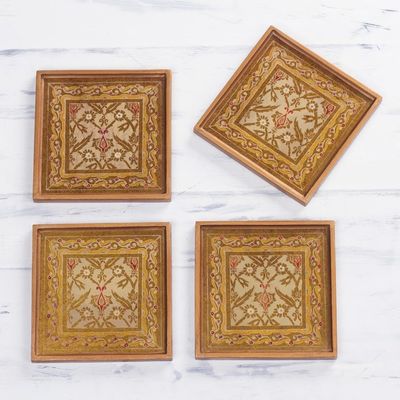 Alternate image for Four Floral Gold-Tone Reverse Painted Glass Coasters Colonial Gold