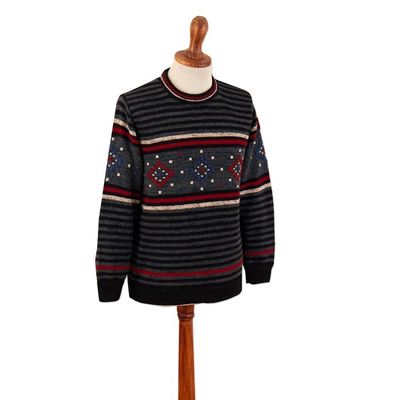 Alternate image for 100 Alpaca Mens Pullover with Hand-Embroidered Motifs Lines Stitches