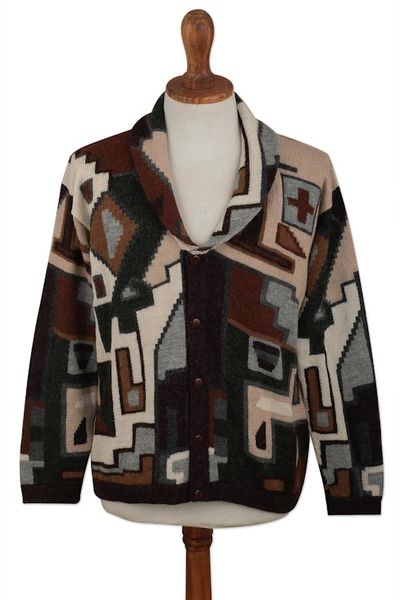 Alternate image for Mens 100 Alpaca Geometric Patterned Cardigan from Peru Inca Construction