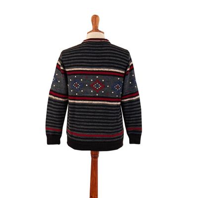 Alternate image for 100 Alpaca Mens Pullover with Hand-Embroidered Motifs Lines Stitches