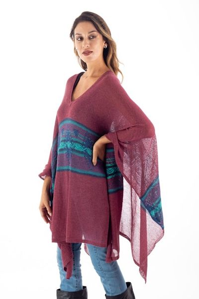 Alternate image for Cotton Blend Poncho in Cerise and Blue from Peru Andean Charm