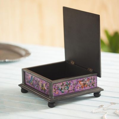 Alternate image for Reverse Painted Glass Decorative Box with Butterflies Purple Winter Butterflies
