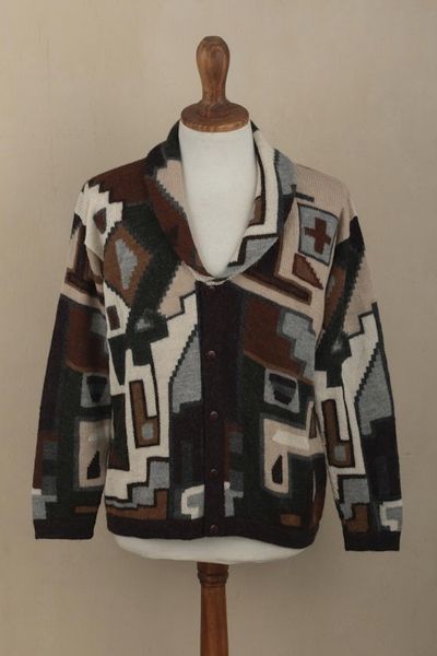 Alternate image for Mens 100 Alpaca Geometric Patterned Cardigan from Peru Inca Construction