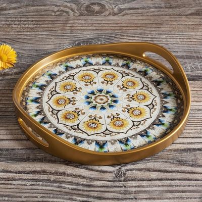 Alternate image for Andean Sunflower Theme Reverse-Painted Glass Tray Blue Andean Mandala