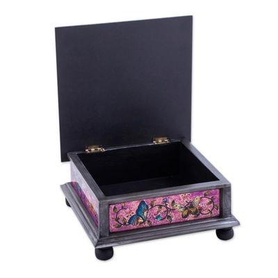 Alternate image for Reverse Painted Glass Decorative Box with Butterflies Purple Winter Butterflies