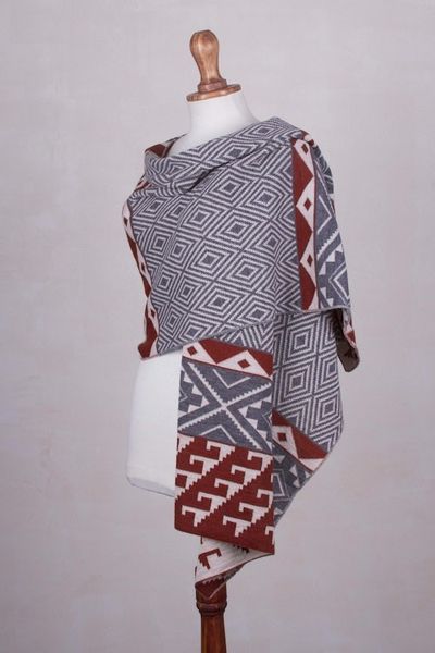 Alternate image for Alpaca Blend Geometric Shawl in Brick and Slate from Peru Geometric Andes