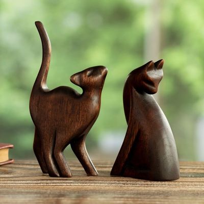 Alternate image for Hand-Carved Cat Themed Wood Sculptures from Peru Pair Fully Flirty