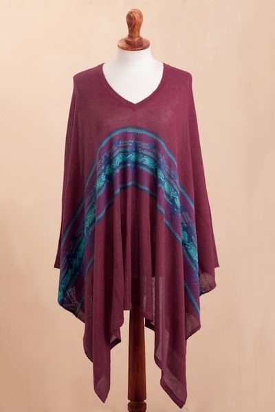 Alternate image for Cotton Blend Poncho in Cerise and Blue from Peru Andean Charm
