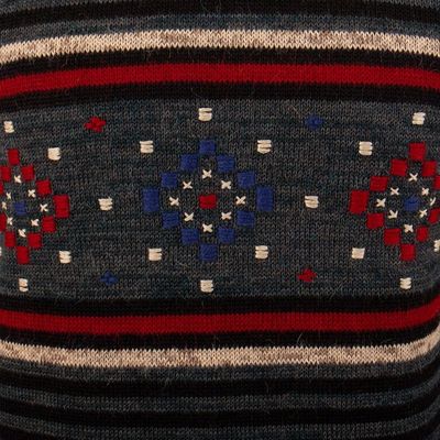 Alternate image for 100 Alpaca Mens Pullover with Hand-Embroidered Motifs Lines Stitches