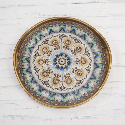 Alternate image for Andean Sunflower Theme Reverse-Painted Glass Tray Blue Andean Mandala