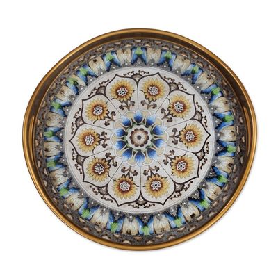 Alternate image for Andean Sunflower Theme Reverse-Painted Glass Tray Blue Andean Mandala