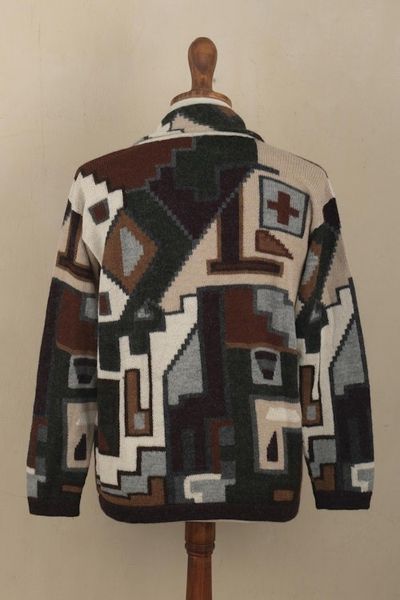Alternate image for Mens 100 Alpaca Geometric Patterned Cardigan from Peru Inca Construction