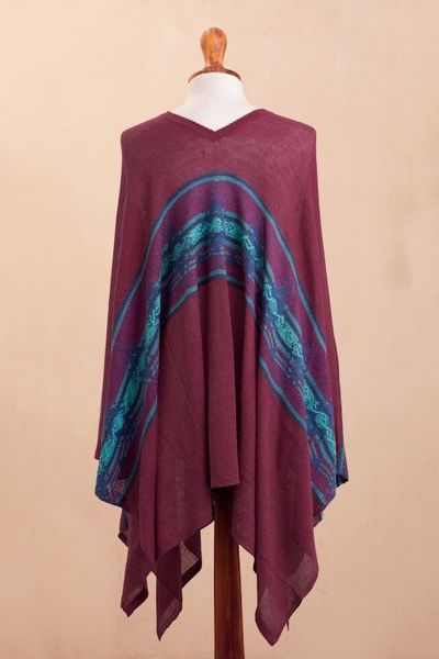 Alternate image for Cotton Blend Poncho in Cerise and Blue from Peru Andean Charm