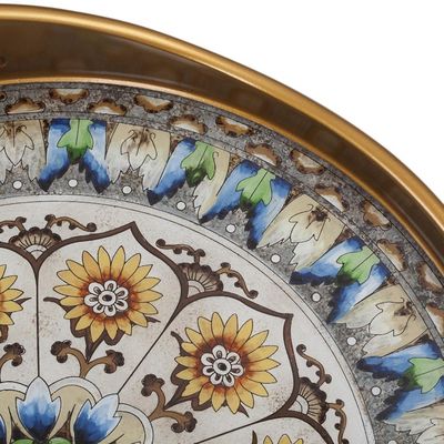 Alternate image for Andean Sunflower Theme Reverse-Painted Glass Tray Blue Andean Mandala