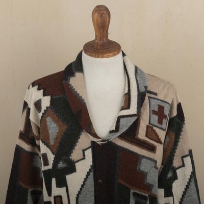Alternate image for Mens 100 Alpaca Geometric Patterned Cardigan from Peru Inca Construction