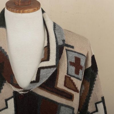 Alternate image for Mens 100 Alpaca Geometric Patterned Cardigan from Peru Inca Construction