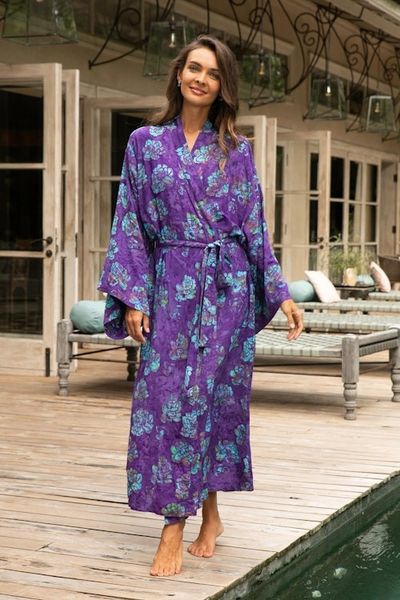 Alternate image for Purple Blue Batik Print Long Sleeved Rayon Robe with Belt Daydream in Violet