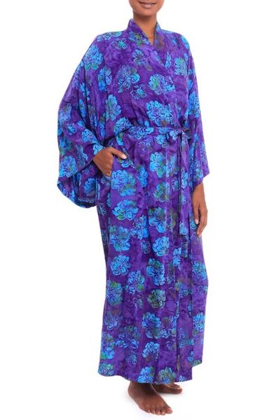 Alternate image for Purple Blue Batik Print Long Sleeved Rayon Robe with Belt Daydream in Violet
