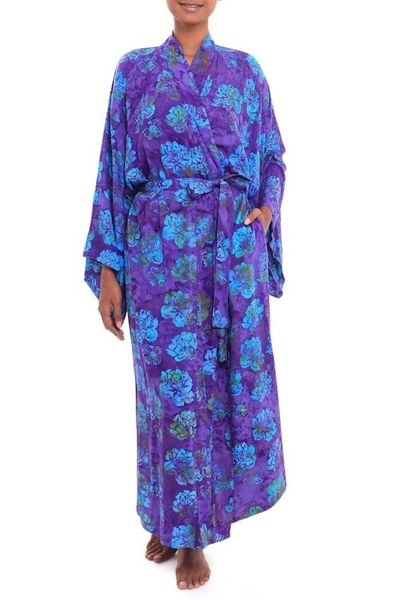 Alternate image for Purple Blue Batik Print Long Sleeved Rayon Robe with Belt Daydream in Violet