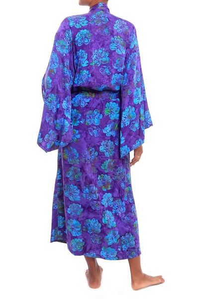 Alternate image for Purple Blue Batik Print Long Sleeved Rayon Robe with Belt Daydream in Violet