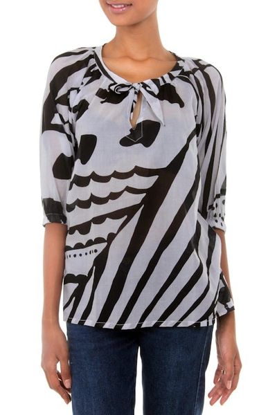 Alternate image for Batik Cotton Patterned Blouse in Black and White Island Life