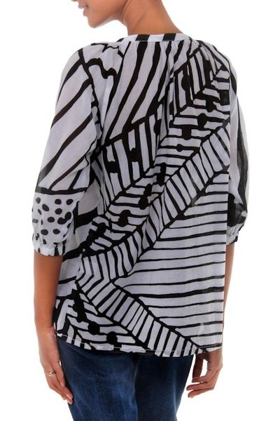 Alternate image for Batik Cotton Patterned Blouse in Black and White Island Life