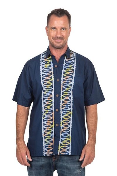 Alternate image for Artisan Crafted Button-Up Short Sleeve Mens Batik Shirt Batik Boat