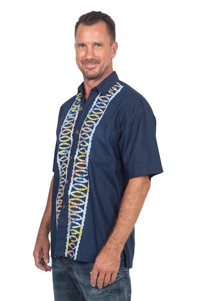 Alternate image for Artisan Crafted Button-Up Short Sleeve Mens Batik Shirt Batik Boat