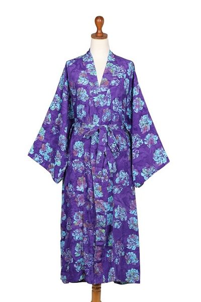 Alternate image for Purple Blue Batik Print Long Sleeved Rayon Robe with Belt Daydream in Violet