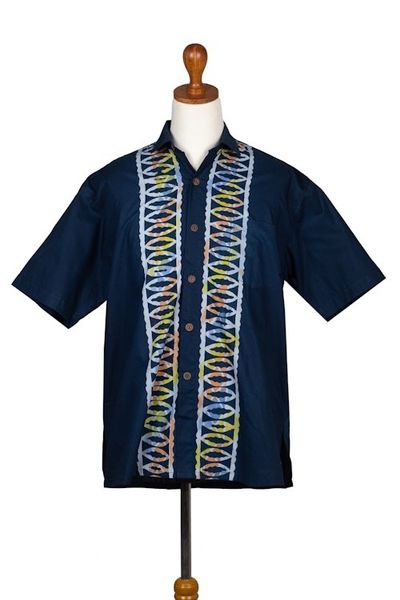 Alternate image for Artisan Crafted Button-Up Short Sleeve Mens Batik Shirt Batik Boat
