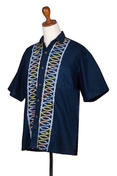 Alternate image for Artisan Crafted Button-Up Short Sleeve Mens Batik Shirt Batik Boat