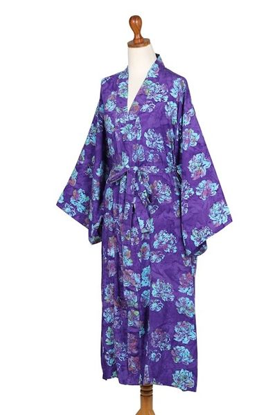 Alternate image for Purple Blue Batik Print Long Sleeved Rayon Robe with Belt Daydream in Violet