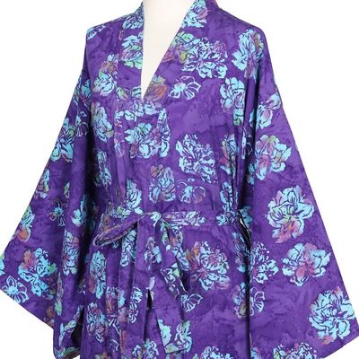 Alternate image for Purple Blue Batik Print Long Sleeved Rayon Robe with Belt Daydream in Violet
