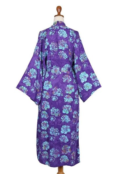 Alternate image for Purple Blue Batik Print Long Sleeved Rayon Robe with Belt Daydream in Violet