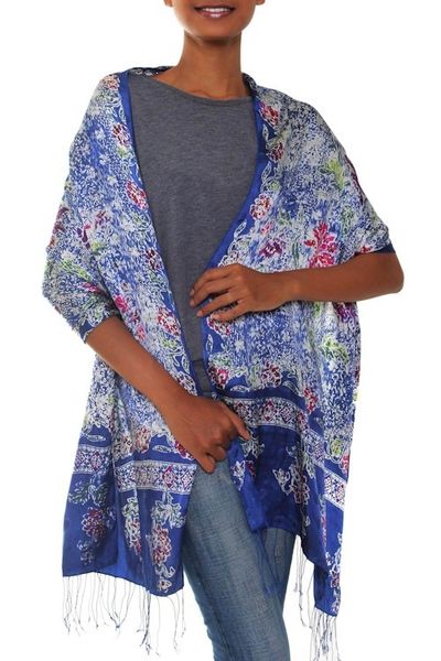 Alternate image for Blue Batik Silk Shawl Sapphire Mums