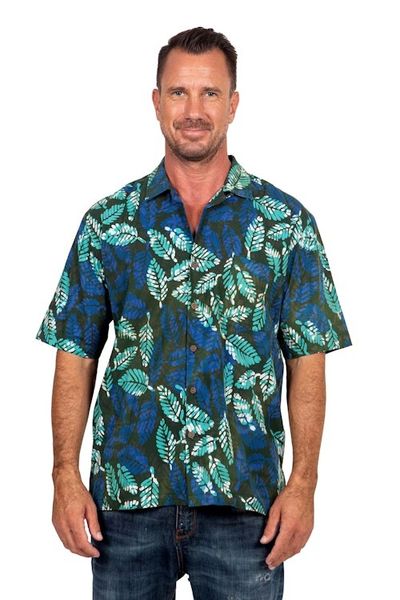 Alternate image for Mens Short-Sleeved Green Cotton Batik Shirt from Bali Green Leaf Shadows
