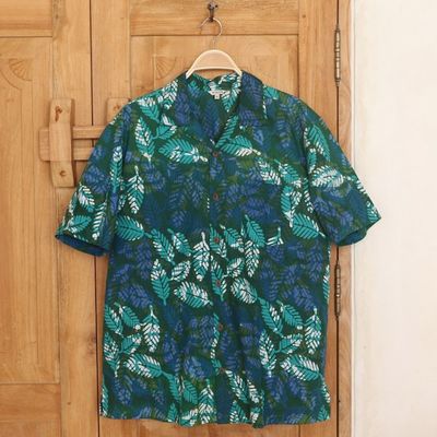 Alternate image for Mens Short-Sleeved Green Cotton Batik Shirt from Bali Green Leaf Shadows