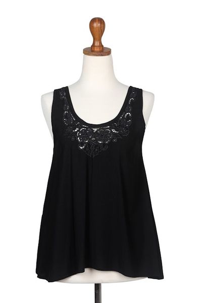 Alternate image for Hand-Embroidered Black Sleeveless Rayon Top from Bali Night Bouquet of Flowers