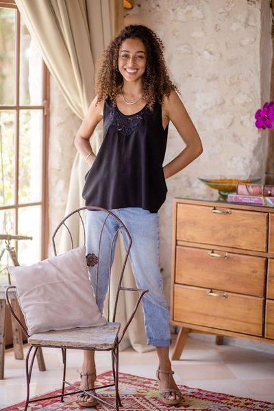 Alternate image for Hand-Embroidered Black Sleeveless Rayon Top from Bali Night Bouquet of Flowers
