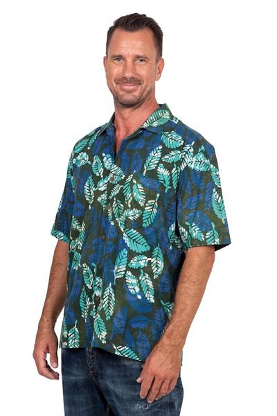 Alternate image for Mens Short-Sleeved Green Cotton Batik Shirt from Bali Green Leaf Shadows
