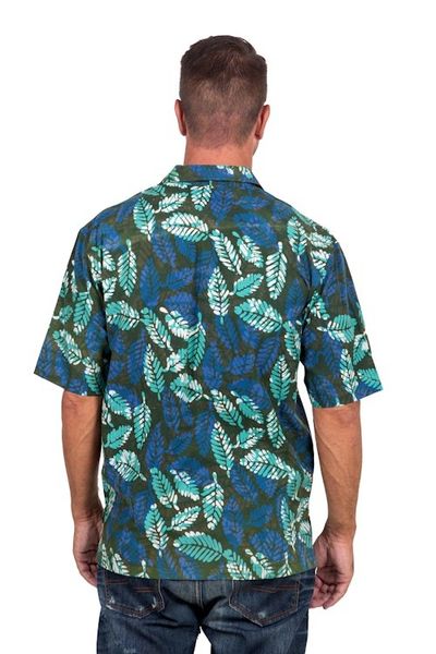 Alternate image for Mens Short-Sleeved Green Cotton Batik Shirt from Bali Green Leaf Shadows