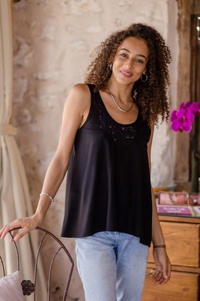 Alternate image for Hand-Embroidered Black Sleeveless Rayon Top from Bali Night Bouquet of Flowers