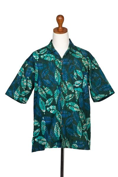 Alternate image for Mens Short-Sleeved Green Cotton Batik Shirt from Bali Green Leaf Shadows