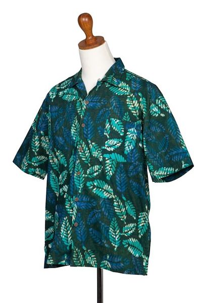 Alternate image for Mens Short-Sleeved Green Cotton Batik Shirt from Bali Green Leaf Shadows