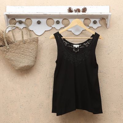 Alternate image for Hand-Embroidered Black Sleeveless Rayon Top from Bali Night Bouquet of Flowers