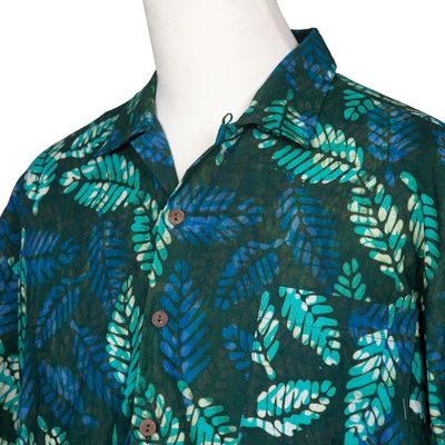 Alternate image for Mens Short-Sleeved Green Cotton Batik Shirt from Bali Green Leaf Shadows