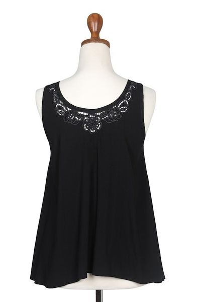 Alternate image for Hand-Embroidered Black Sleeveless Rayon Top from Bali Night Bouquet of Flowers