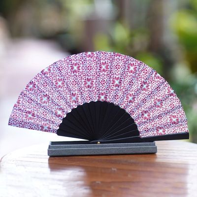 Alternate image for Unique Silk Batik Fan with Floral Print Aster Blue