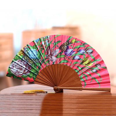 Alternate image for Floral Silk Hand Fan in Strawberry from Bali Passionate Garden